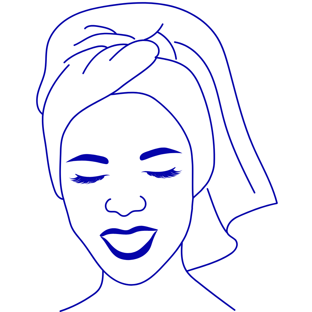 Blue outlined picture of a smiling woman with closed eyes with a cloth or towel wrapped around her head