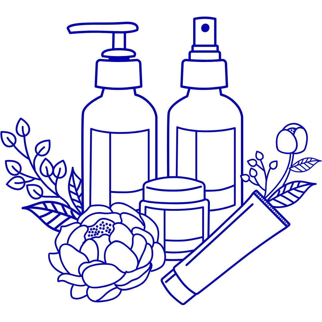 Blue outline of perfume, oil, cosmetic jar and hand lotion bottles with flowers and leaves